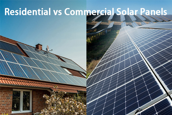 Quale tipo di pannello solare è il migliore per uso commercialesidenziale più piccolo vicino a un pannello commerciale più grande Side-by-side comparison graphic: a smaller residential panel next to a larger commercial panel