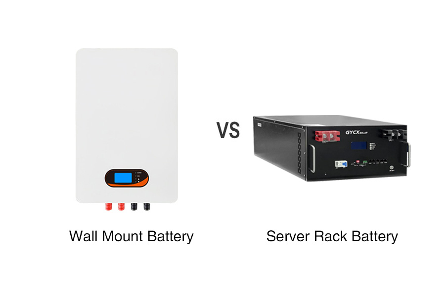 Wie funktioniert Rack Mountne schlanke, an der Wand montierte Heimateinheitn wie eine Powerwallhrvsk Side-by-side comparison: a sleek wall-mounted home battery unit (like a Powerwall) vs. a stack of server rack batteries in a small cabinet.