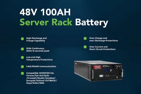 Image of a 48V 100Ah rack mount lithium battery module, perhaps with a superimposed graphic showing its 4.8kWh capacity and example runtimes for different loads.