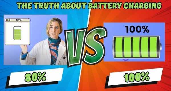 Qual è il modo migliore per caricare una batteria al litio ahium vsttery? illustrando la scelta Battery charge indicator stopping at 80% vs 100%, illustrating the choice.