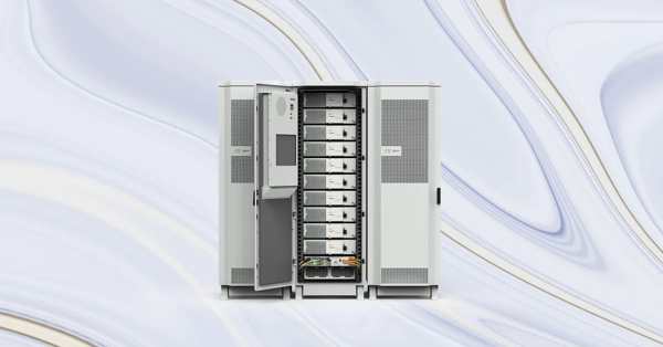 An image of a sleek, modern BESS with a semi-transparent cutaway view showing the LFP battery cells neatly arranged inside. Icons for Safety, Longevity, and Stability are highlighted.