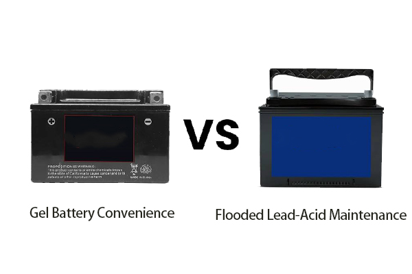 분할 이미지: 한쪽은 깨끗한 것을 보여줍니다, 밀봉 된 젤 배터리가 깔끔하게 설치되었습니다; 다른 하나는 유지 보수를 수행하는 사람을 보여줍니다 (물 추가) 범람 된 납산 배터리에.