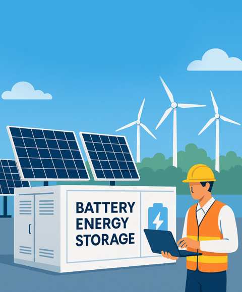 An infographic with icons representing BESS disadvantages: a large price tag, a battery icon with a degrading timeline, an efficiency loss arrow, and a recycling symbol.
