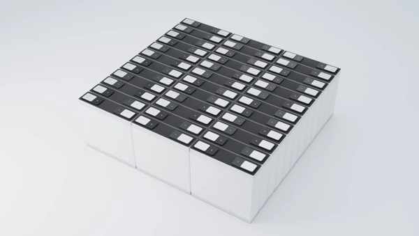 An image showing three sleek, modular battery units physically stacked on top of each other, with plus signs between them to indicate they are adding capacity together.