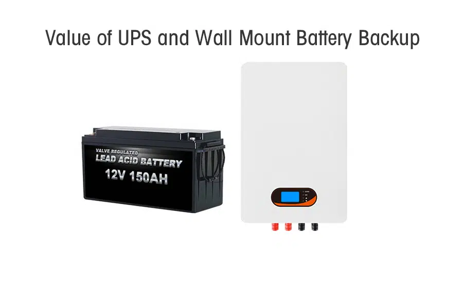 A split image: one side shows a computer screen with corrupted data due to power loss (prevented by UPS), other side shows a family comfortably using lights/appliances during a blackout thanks to a wall mount battery.