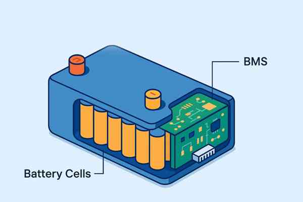 An illustration of a battery reaching 100%, with a BMS icon acting as a gatekeeper, stopping the flow of energy from a charger.