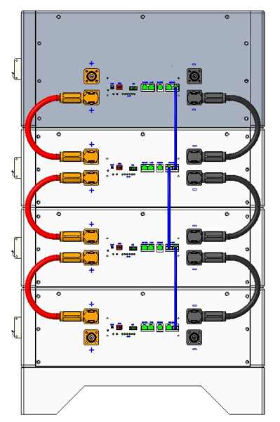 A two-panel image. Panel 1 shows a technician physically sliding a battery module into a rack. Panel 2 shows the technician connecting thick cables to the battery terminals with a torque wrench.