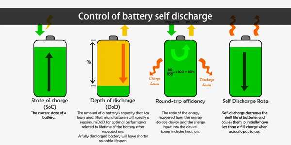 A simple animation or graph showing a lithium BESS battery's charge level remaining very high over several months of non-use.