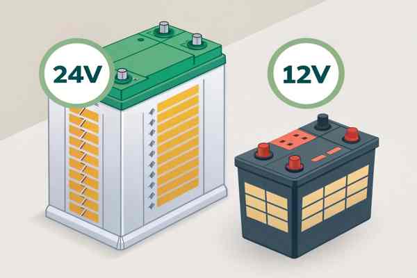 A graphic showing a 12V 100Ah battery next to a 24V 100Ah battery, with their total energy in Watt-hours (1200 Wh vs. 2400 Wh) displayed prominently.