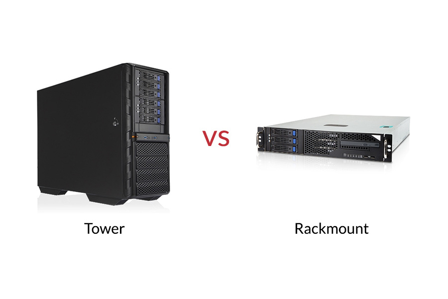 Imagens lado a lado: uma unidade de montagem de rack e uma unidade de torre independente.