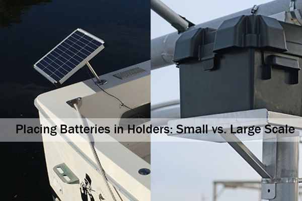 A two-panel image. Panel 1 shows a hand correctly inserting AA batteries into a holder, matching the +/- symbols. Panel 2 shows two professional installers carefully mounting a large wall battery onto its bracket.