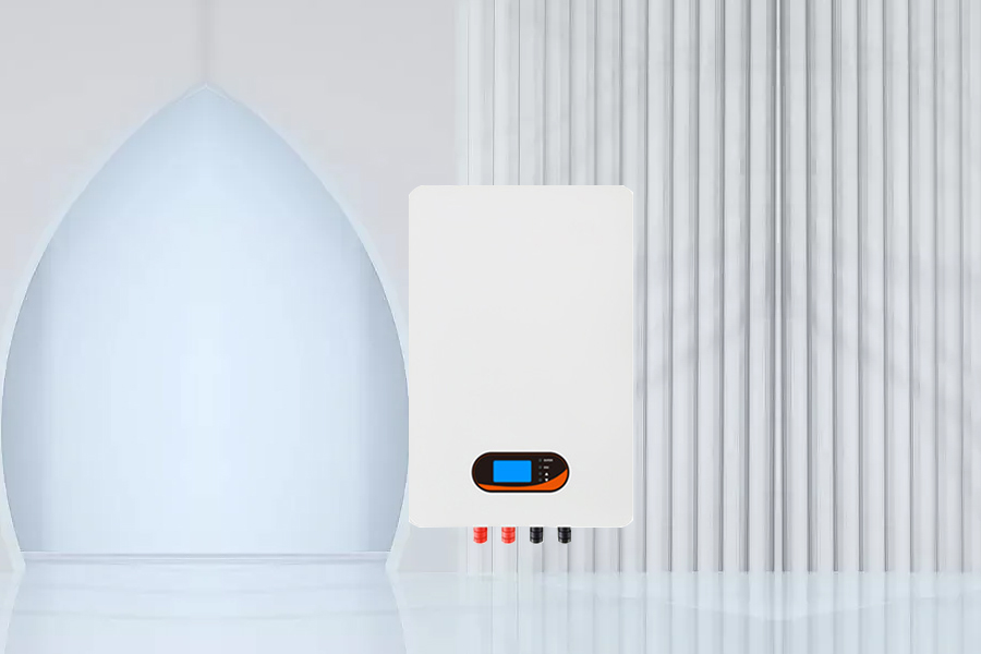 Image of a sleek wall mounted battery storage unit (like a Tesla Powerwall or similar LFP system) in a home setting, with a graphic overlay showing
