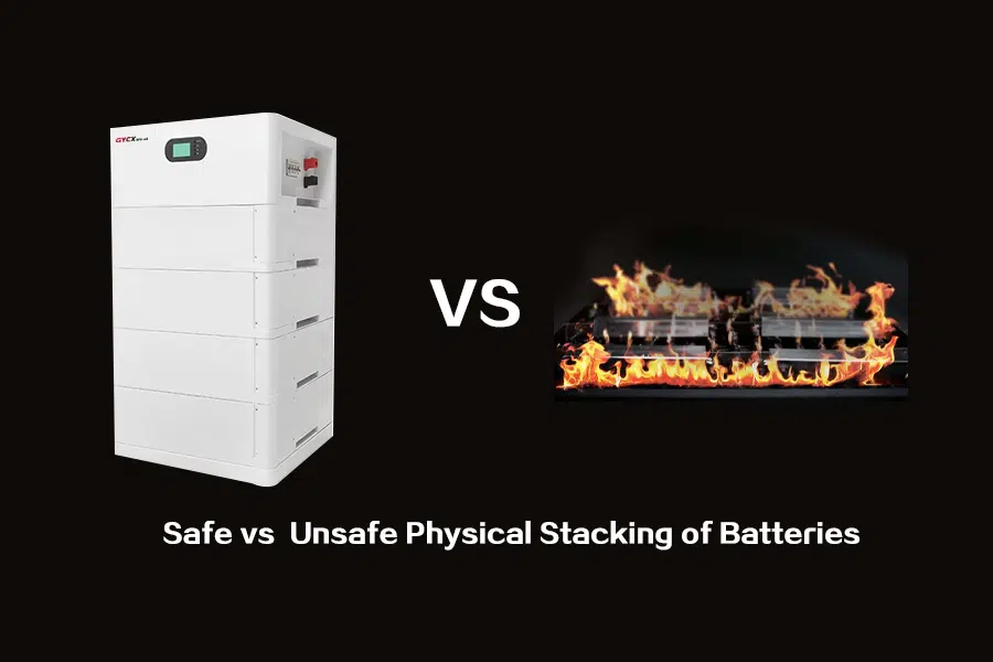 Image contrasting correctly stacked, purpose-built battery modules (ESIM., with interlocking features) A: n kanssa